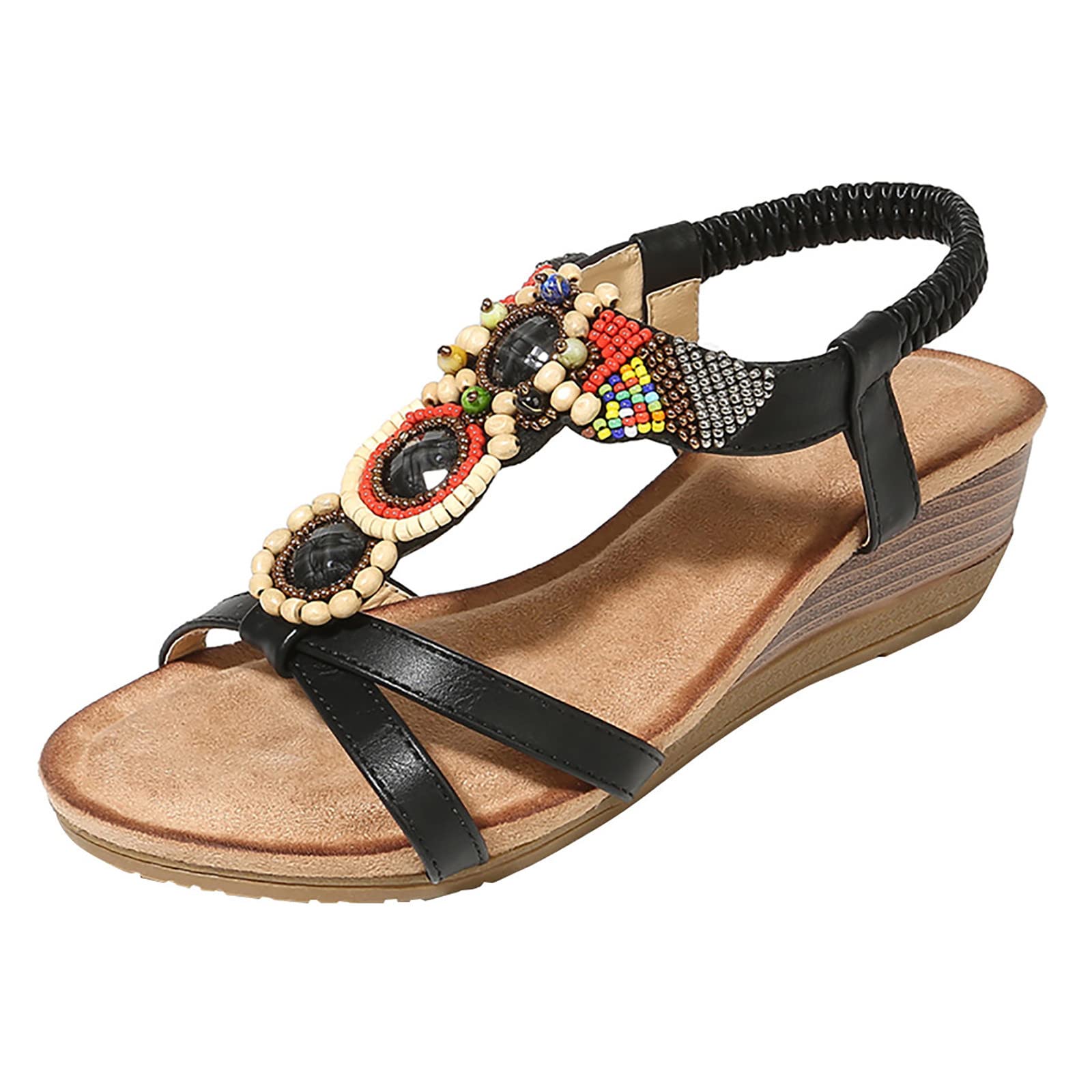 Women's Bohemian Beaded Slide Sandals - Elastic String Wedge Summer Beach Sandals for Casual Wear | Slip-On Comfort for Outdoor, Vacation & Poolside