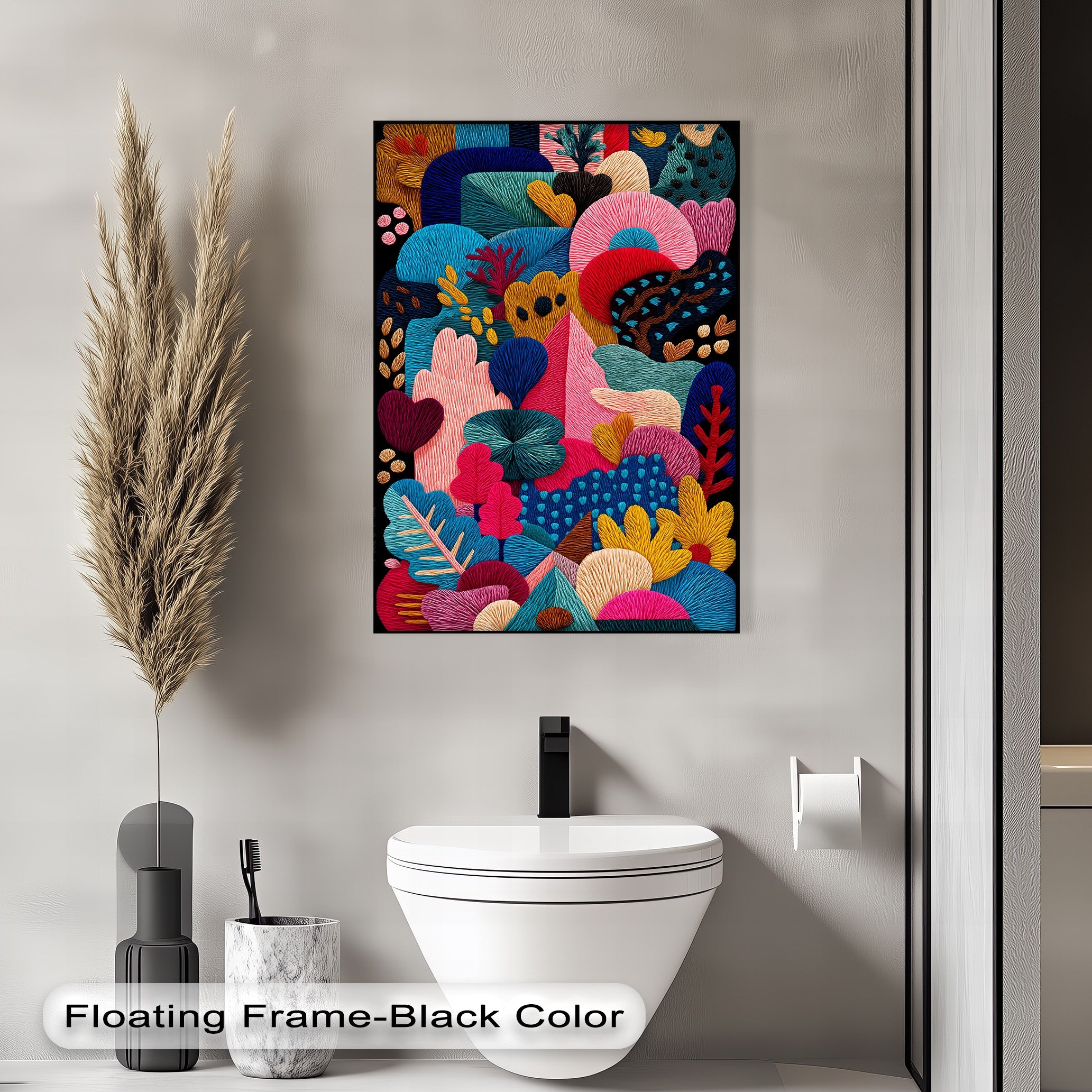 Vibrant Abstract Garden Embroidery Style Canvas Art Print - Modern Home Wall Decor for Living Room, Bedroom & Office