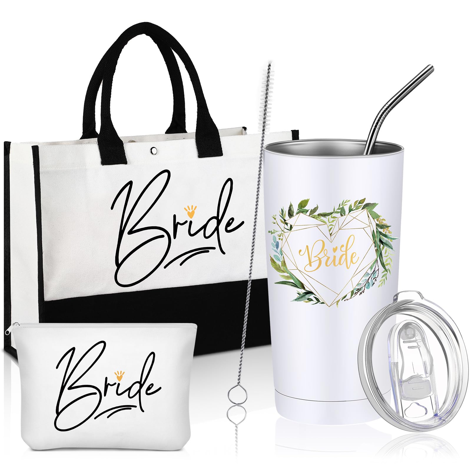 3-Piece Bride Gift Set - Canvas Tote Bag, Makeup Bag & Stainless Steel Tumbler | Wedding Shower, Bachelorette Party, Engagement & Honeymoon Gifts | Perfect for Travel, Spa Days & Bridal Events