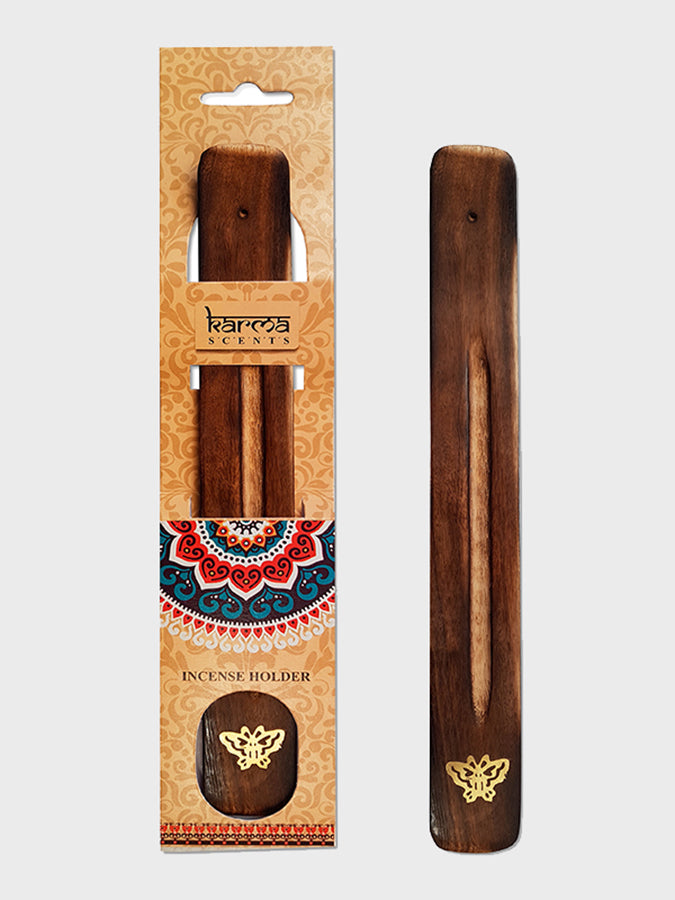 Namaste Karma Scents Brass Inlay Mango Wood Incense Ash Catcher Holder with Butterfly Design - Perfect for Meditation, Yoga & Home Decor