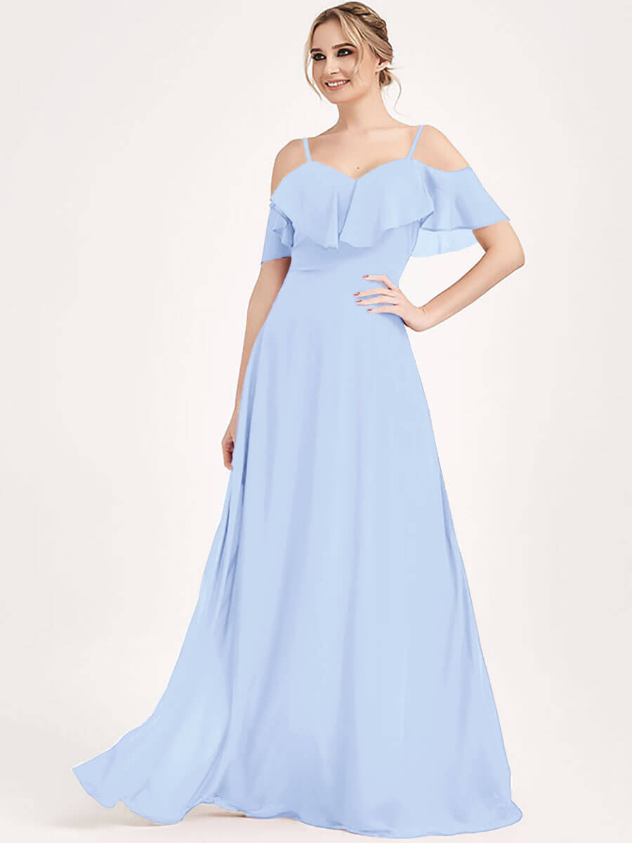 Cornflower Blue Chiffon Cold Shoulder Convertible Bridesmaid Dress - 3 Ways to Wear for Weddings, Prom & Formal Events