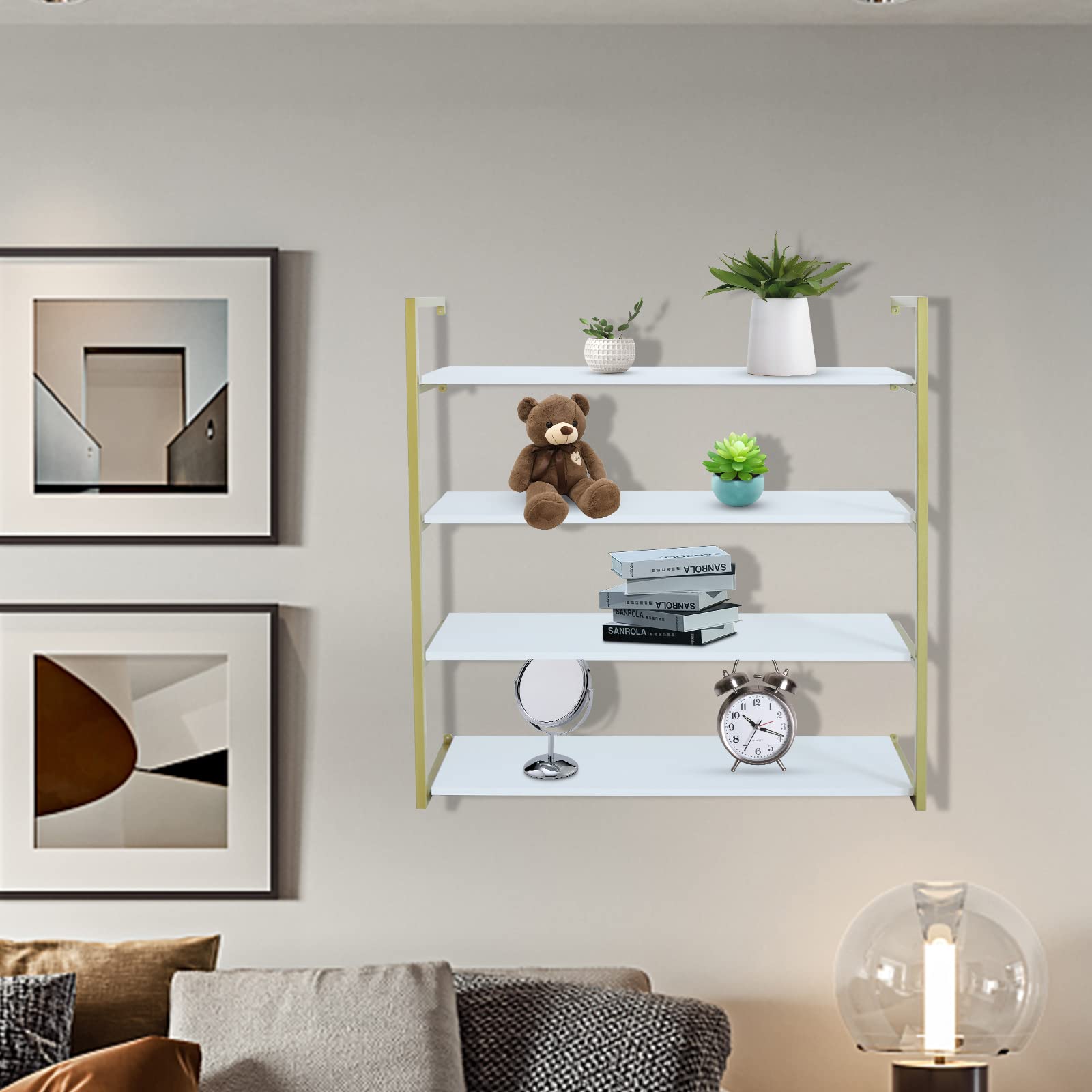 TFCFL 4-Tier Wall-Mounted Floating Shelves - Gold Metal Frame with Wooden Board - 36 Inch Storage Shelf for Kitchen, Study, Living Room, Bedroom & Bathroom - Perfect for Organizing Spices, Books, Decor & Bath Essentials