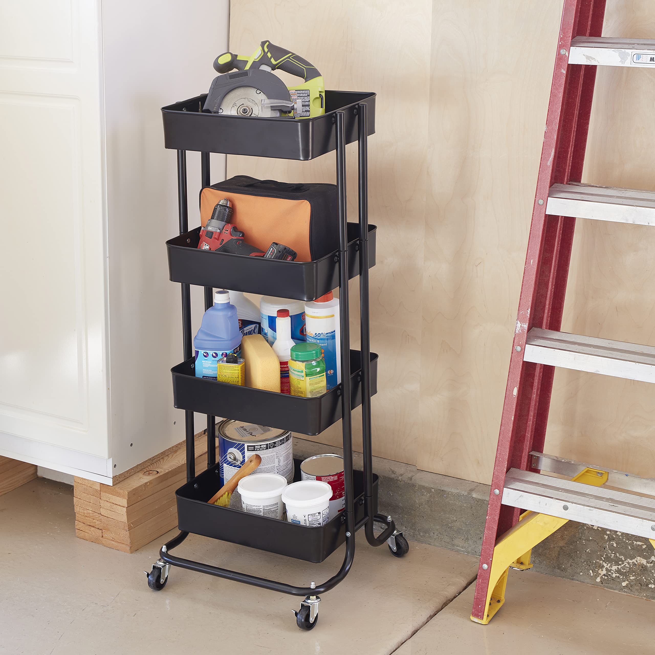 ECR4Kids 4-Tier Metal Rolling Utility Cart with Wheels - Black Multipurpose Storage Organizer for Kitchen, Office, Classroom, Craft Room & Home Organization