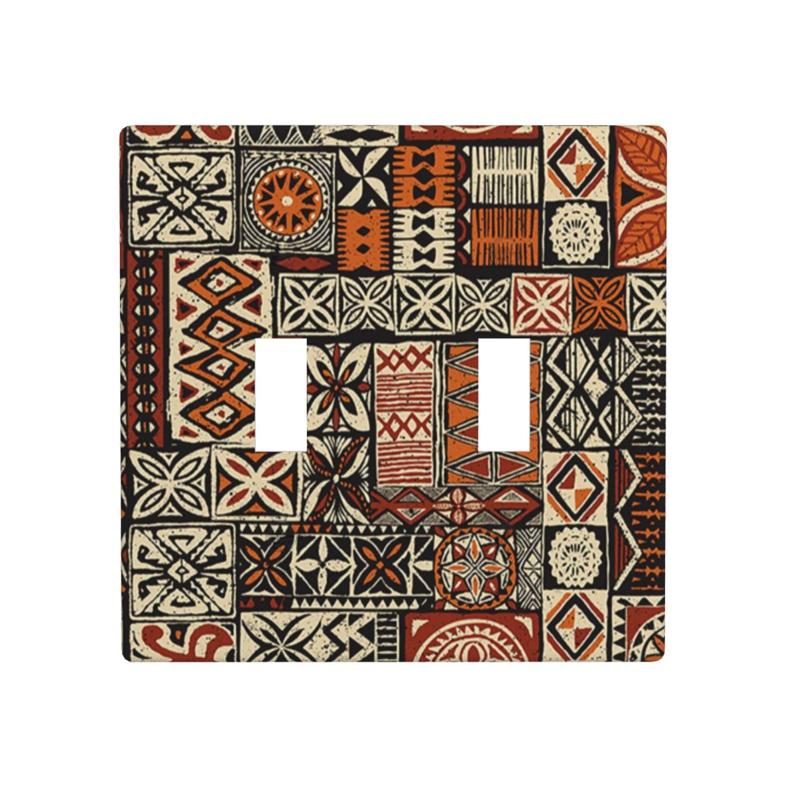 Wozukia Vintage Hawaiian Tapa Tribal Abstract Patchwork Light Switch Cover - Geometric Pattern in White & Brown for Living Room, Bedroom & Kitchen Decor - 2-Group Wall Plate (Ideal for Boho, Coastal & Farmhouse Home Styling)