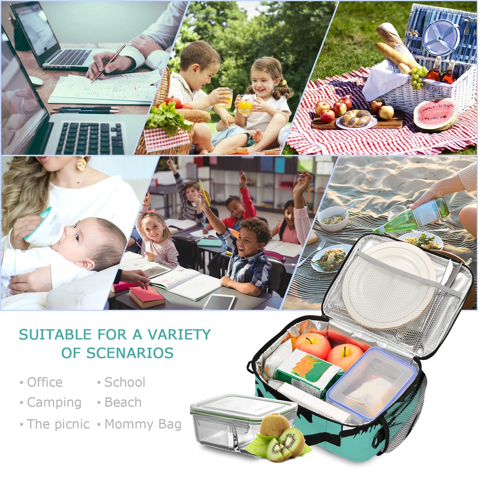 Monster Face Insulated Lunch Bag - Large Reusable Cooler Tote for Women & Men with Adjustable Shoulder Strap - Perfect for Office, Picnic, Outdoor & Travel - Creative Teal Lunch Box for Adults