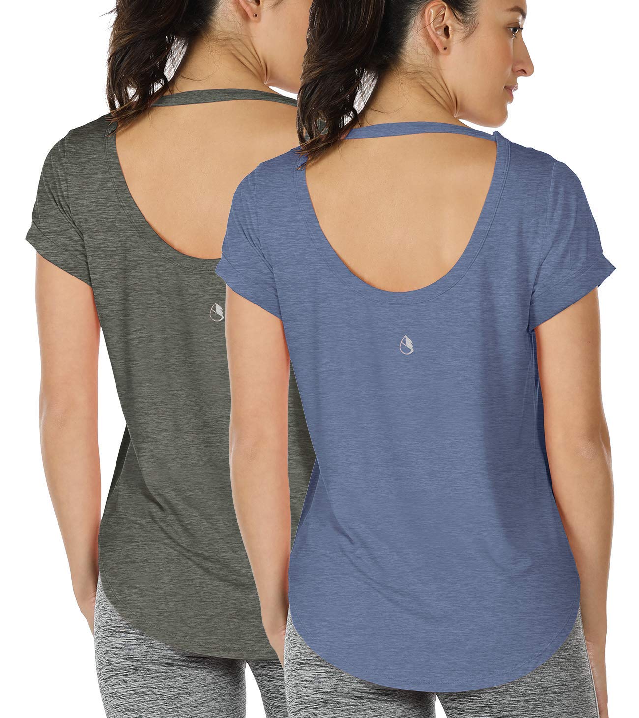 icyzone Women's Open Back Yoga Shirts - Breathable Workout Tops, Athletic Short Sleeve Running T-Shirts, Loose Fit Activewear for Yoga, Gym & Outdoor Sports