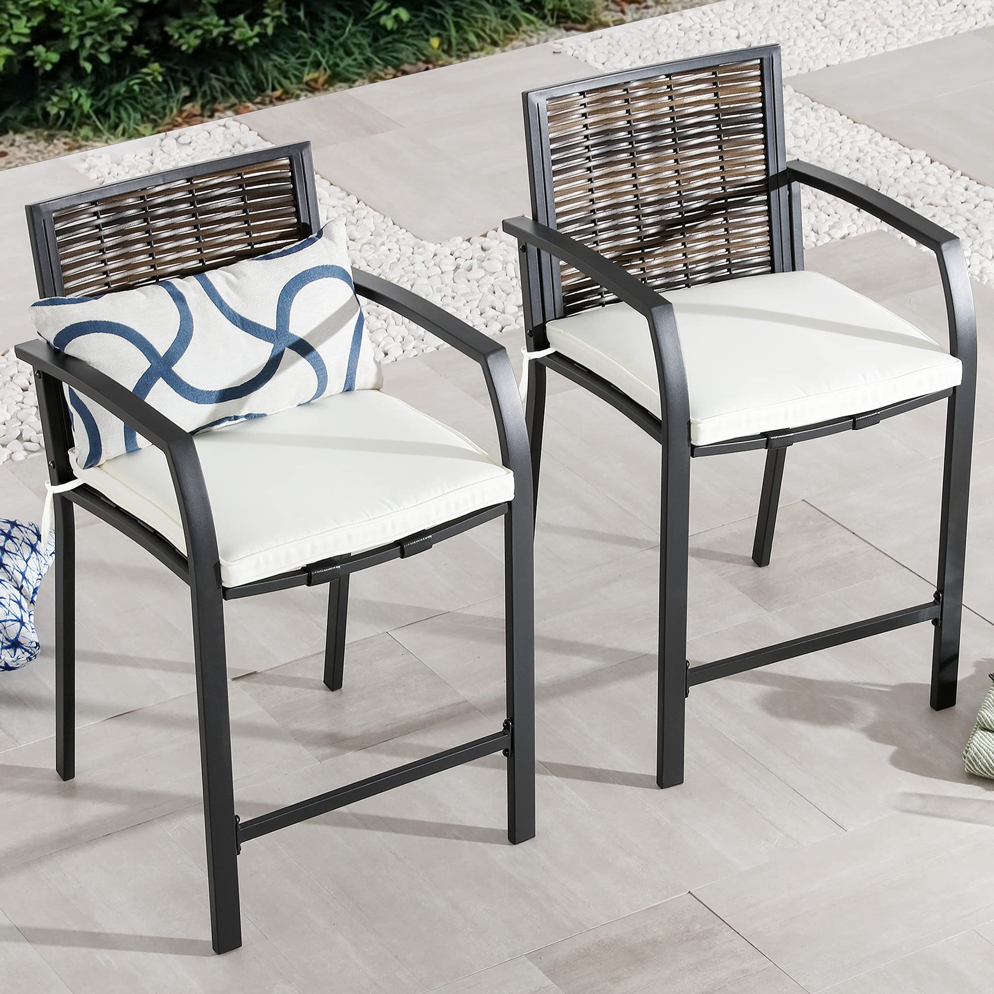 PatioFestival 4-Piece Outdoor Bar Stool Set - All-Weather Cushioned Metal Patio Chairs with Wicker Back (Brown) - Perfect for Backyard, Deck, Poolside & Outdoor Entertaining