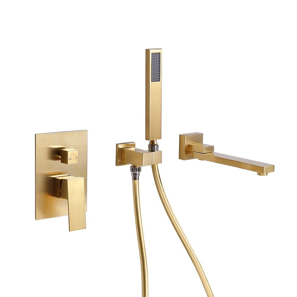 Solid Brass Wall Mounted Bathtub Faucet with 180° Swivel Handheld Shower - Modern Single Handle Bathroom Tub Filler Set in Brushed Gold Finish | Perfect for Spa-Like Bathing Experience and Small Bathroom Spaces