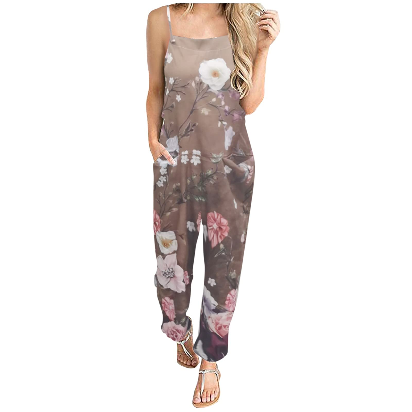 Vintage Leopard Print Women's Jumpsuit with Pockets & Adjustable Straps - Wide Leg Teal Romper for Casual Outings & Date Nights (Brown, Size S)