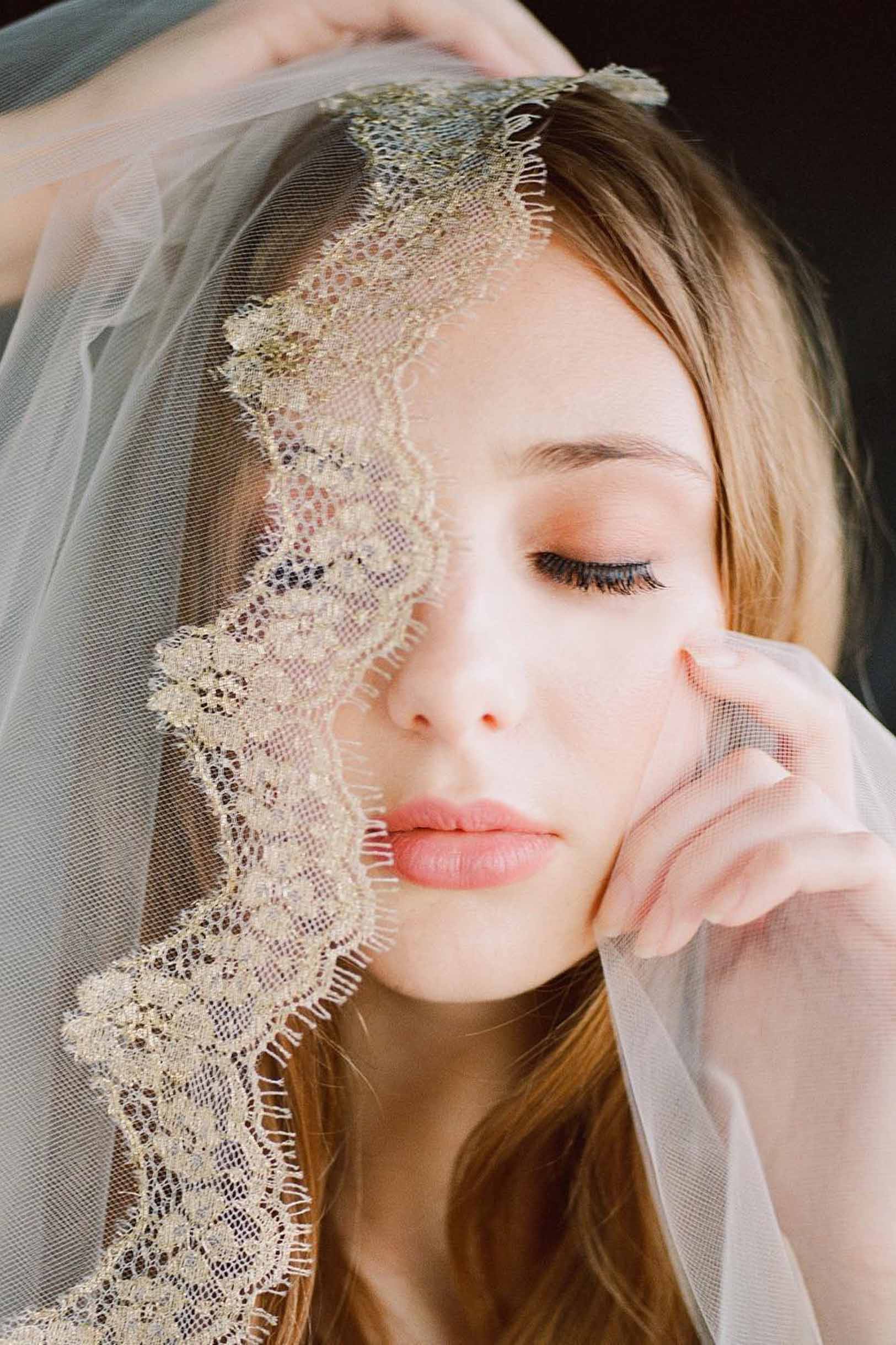 Luxury Lille Gilded French Lace Mantilla Veil - Ivory & Gold Wedding Veil for Brides | Perfect for Church Weddings, First Communion & Vintage Bridal Looks