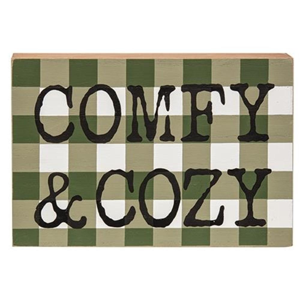 Comfy & Cozy Green Buffalo Check Box Sign - Rustic Farmhouse Decor for Wall, Home, Office - Perfect for Christmas, Fall, Winter Seasonal Decorations