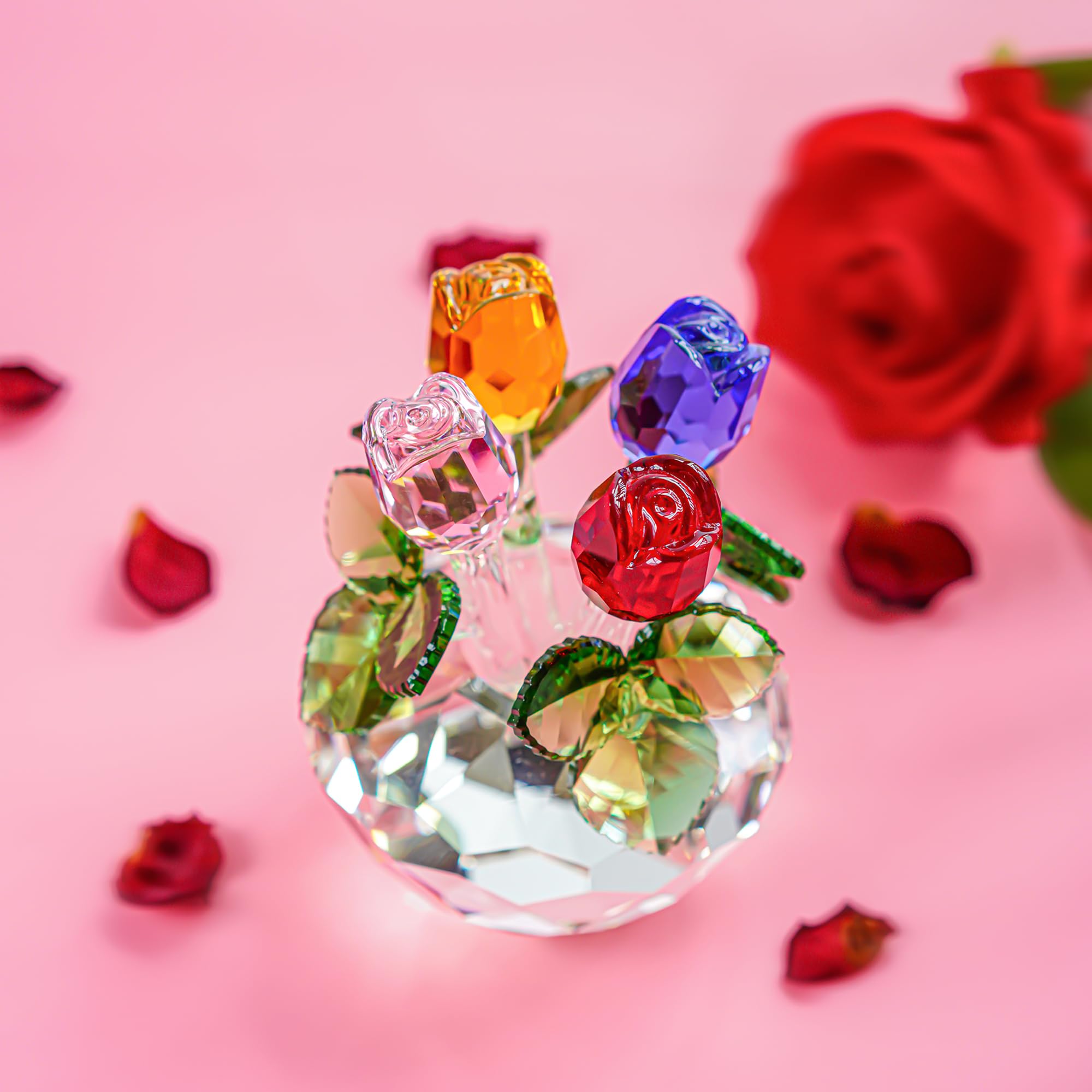 H&D HYALINE & DORA Crystal Rose Figurines - Elegant Glass Flower Bouquet Collectible for Women | Romantic Anniversary Gift with Gift Box | Perfect for Wedding Decor, Home Display & Valentine's Day Presents