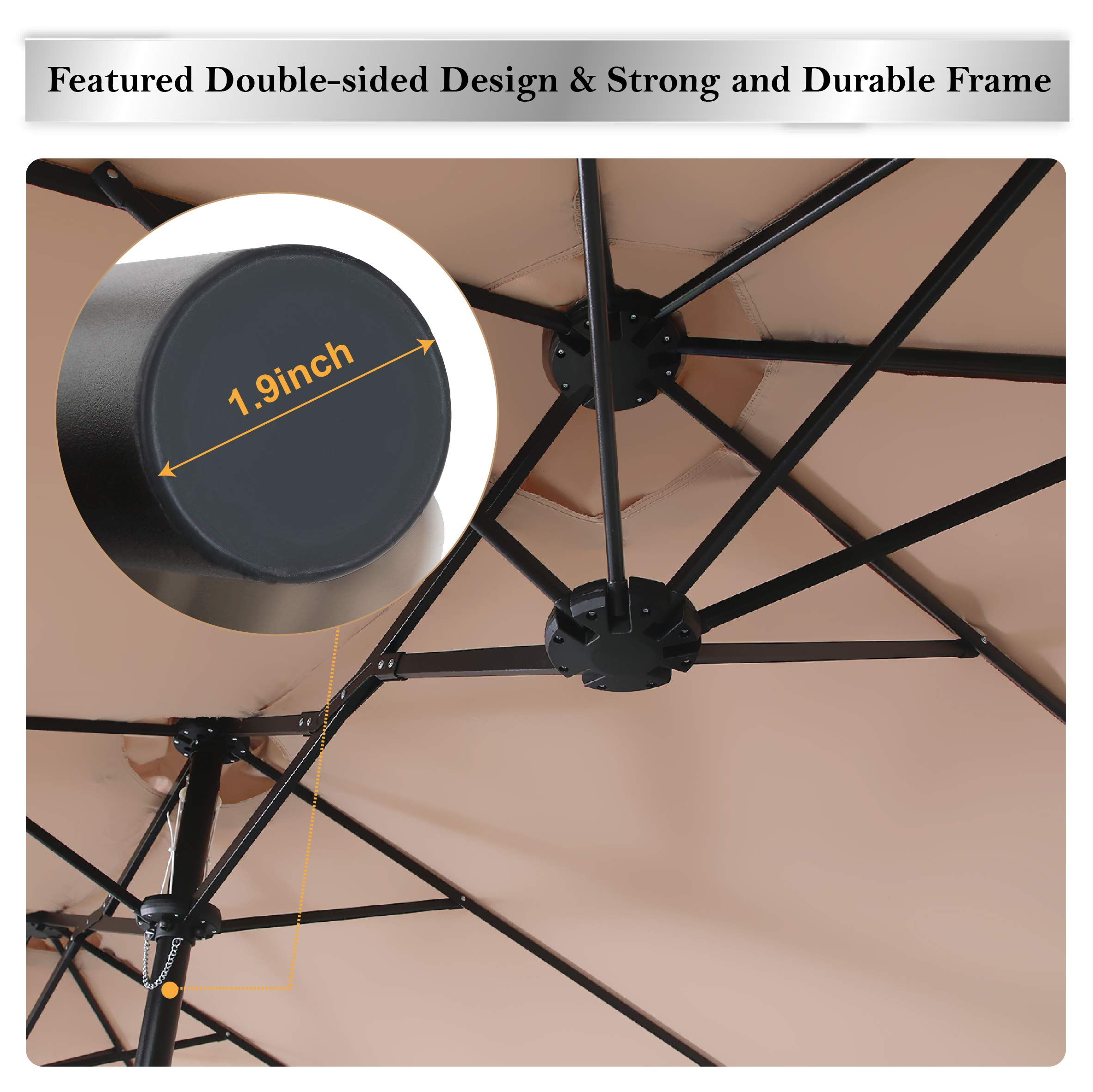 PHI VILLA 15ft Large Patio Umbrella with Base - Outdoor Double-Sided Beige for Garden & Poolside