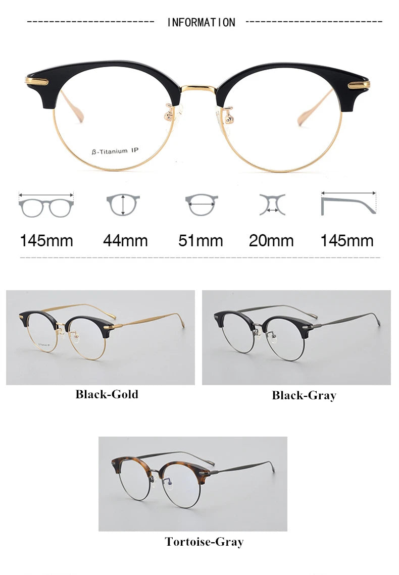 Stylish Unisex Black Titanium Acetate Round Eyeglasses Frame - Lightweight & Durable Full Rim Glasses for Men & Women - Perfect for Work, Reading & Fashion Accessories