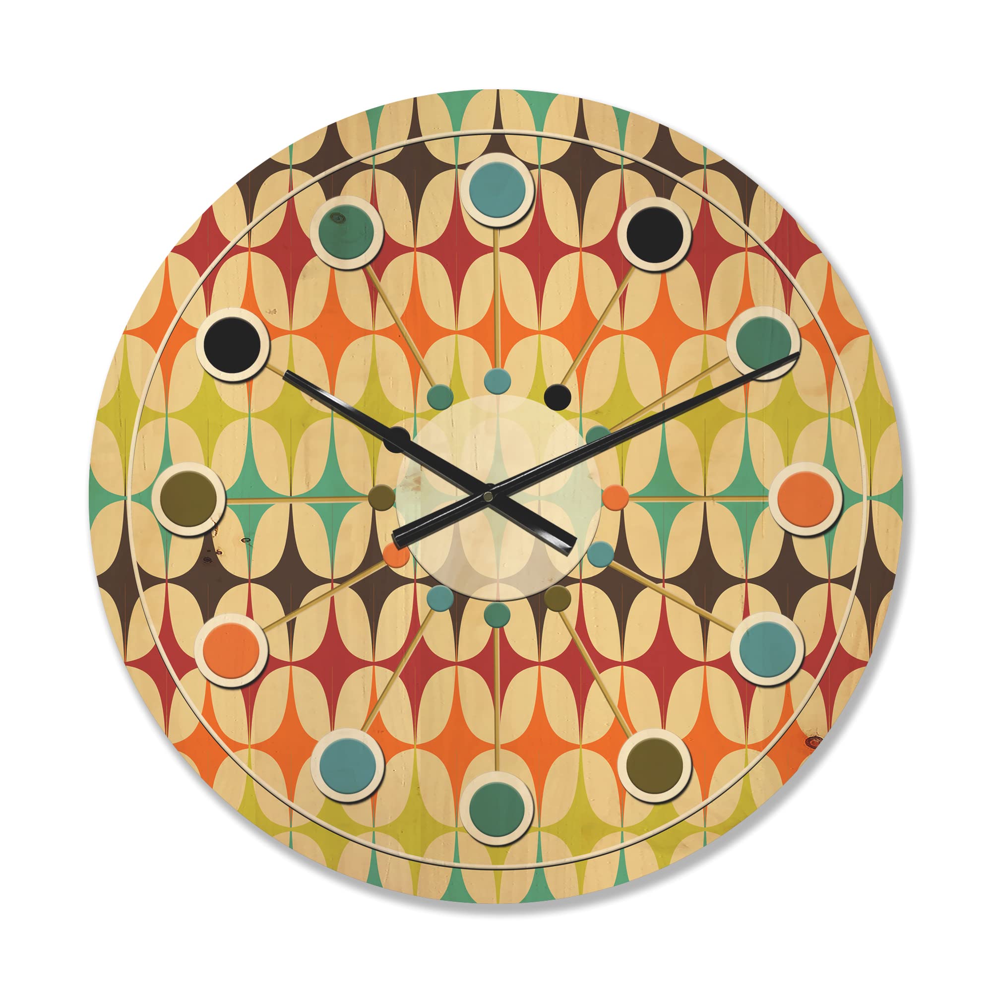 Abstract Retro Geometric Wood Wall Clock - Large Mid-Century Modern Decorative Clock for Living Room, Bedroom & Office Décor | Oversized Vintage Design with Unique Pattern