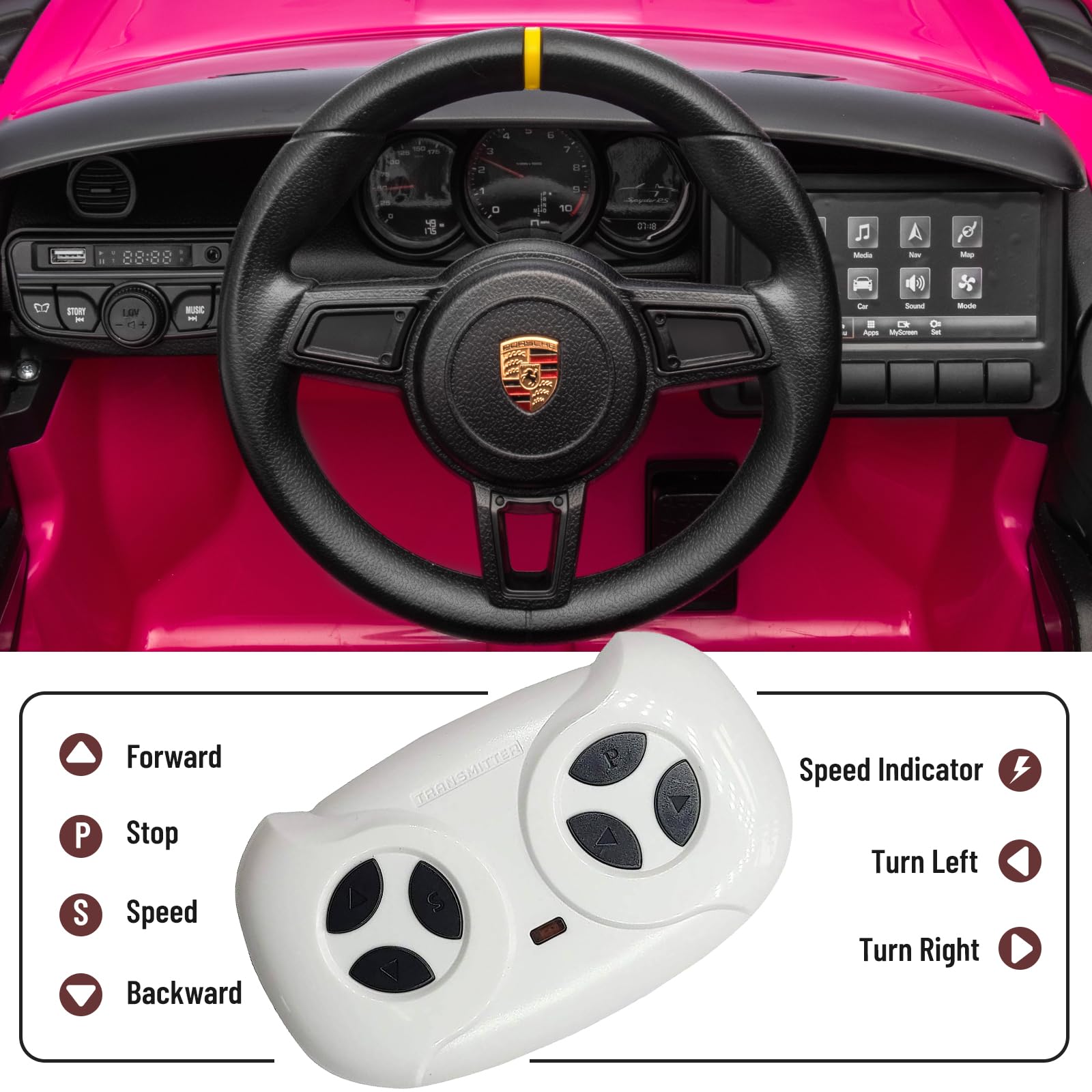 12V Licensed Porsche 718 Kids Electric Ride-On Car with Parent Remote Control, LED Lights, Music Player & Durable Tires - Pink | Perfect for Birthday Gifts, Outdoor Play & Learning Driving Skills