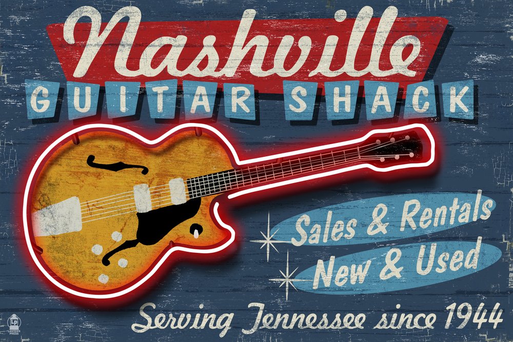 Vintage Guitar Shack Nashville Tennessee Wall Art Print - 24x36 Signed Poster for Music Room & Bar Decor - Retro Music Store Sign for Home & Office