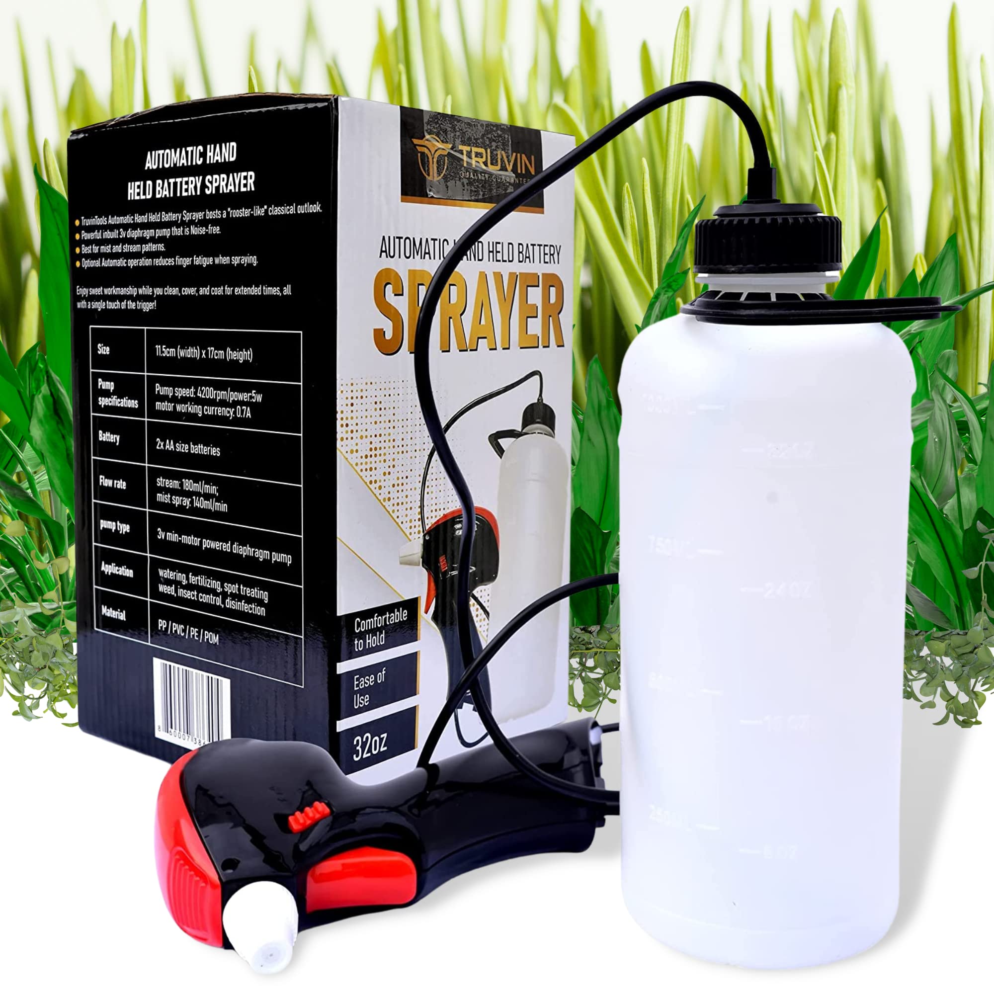 32oz Garden Pump Sprayer - Adjustable Nozzle Plant Mister with AA Batteries | Lightweight Automatic Spray Bottle for Indoor Plants, Outdoor Gardening & Cleaning | Durable & Reliable Water Sprayer for Home, Lawn & Car Wash