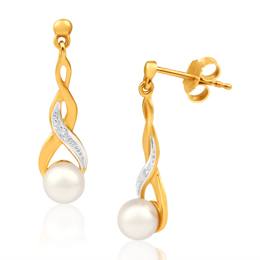 9ct Elegant Yellow Gold Diamond & Pearl Drop Earrings for Women - Perfect for Weddings, Parties & Special Occasions