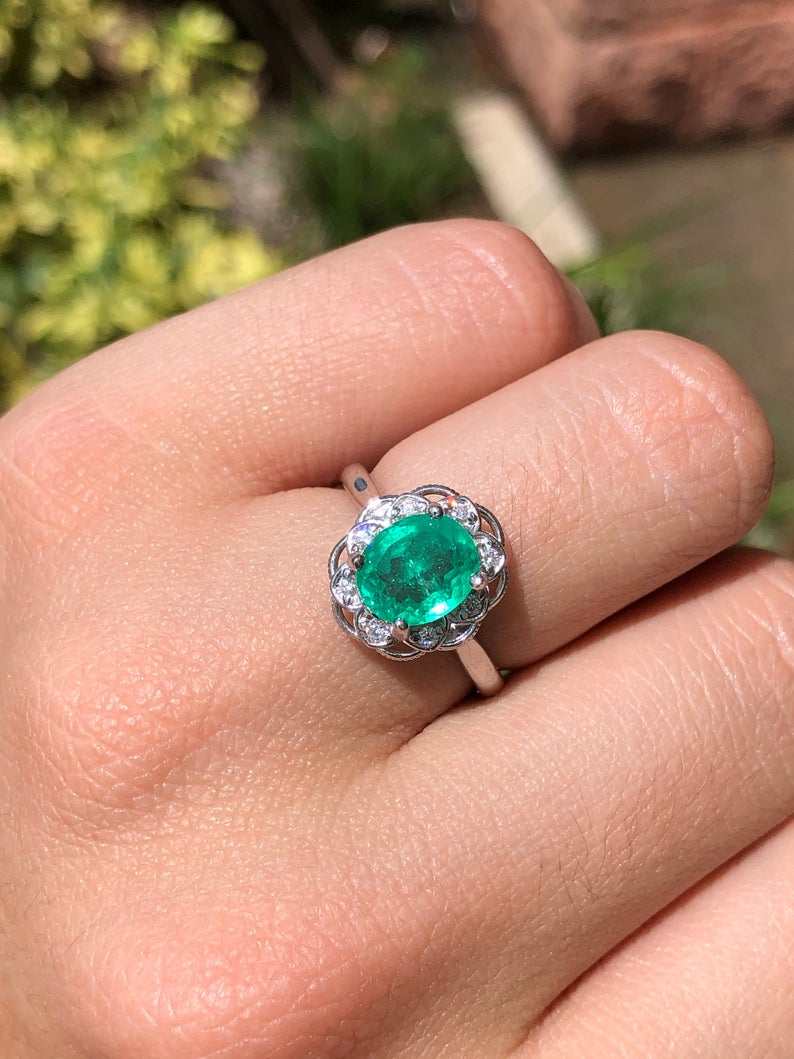 2.35tcw Natural Emerald Oval & Floral Diamond Halo Engagement Ring in 14K Gold - Perfect for Proposals, Weddings, and Anniversary Gifts