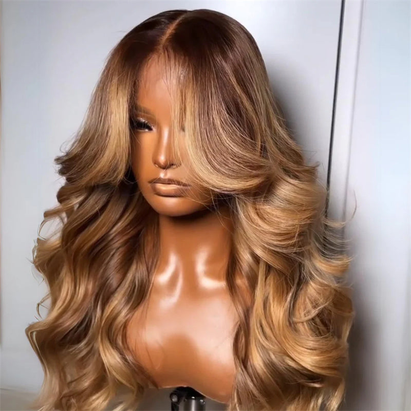 Eullair 13x4 Brown with Blonde Human Hair Lace Front Wig - Glueless Body Wave Wig with Curtain Bangs for Black Women | Natural Look for Daily Wear, Parties & Special Occasions