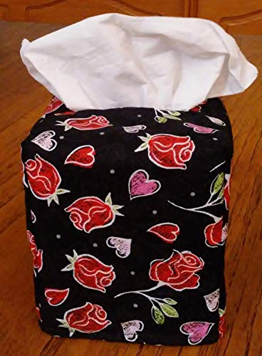 Handmade Red Hearts and Roses Fabric Square Tissue Box Cover - Decorative Home Decor for Living Room, Bedroom, or Bathroom - Perfect Gift for Housewarming, Wedding, or Valentine's Day