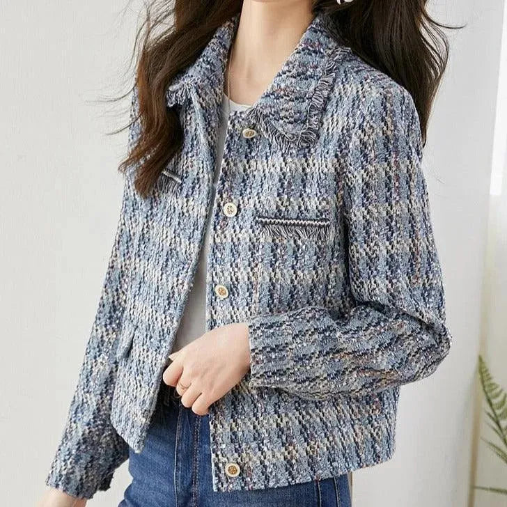 Blue Short Tweed Jacket for Women | Elegant Casual Blazer | Perfect for Office, Dating & Special Occasions
