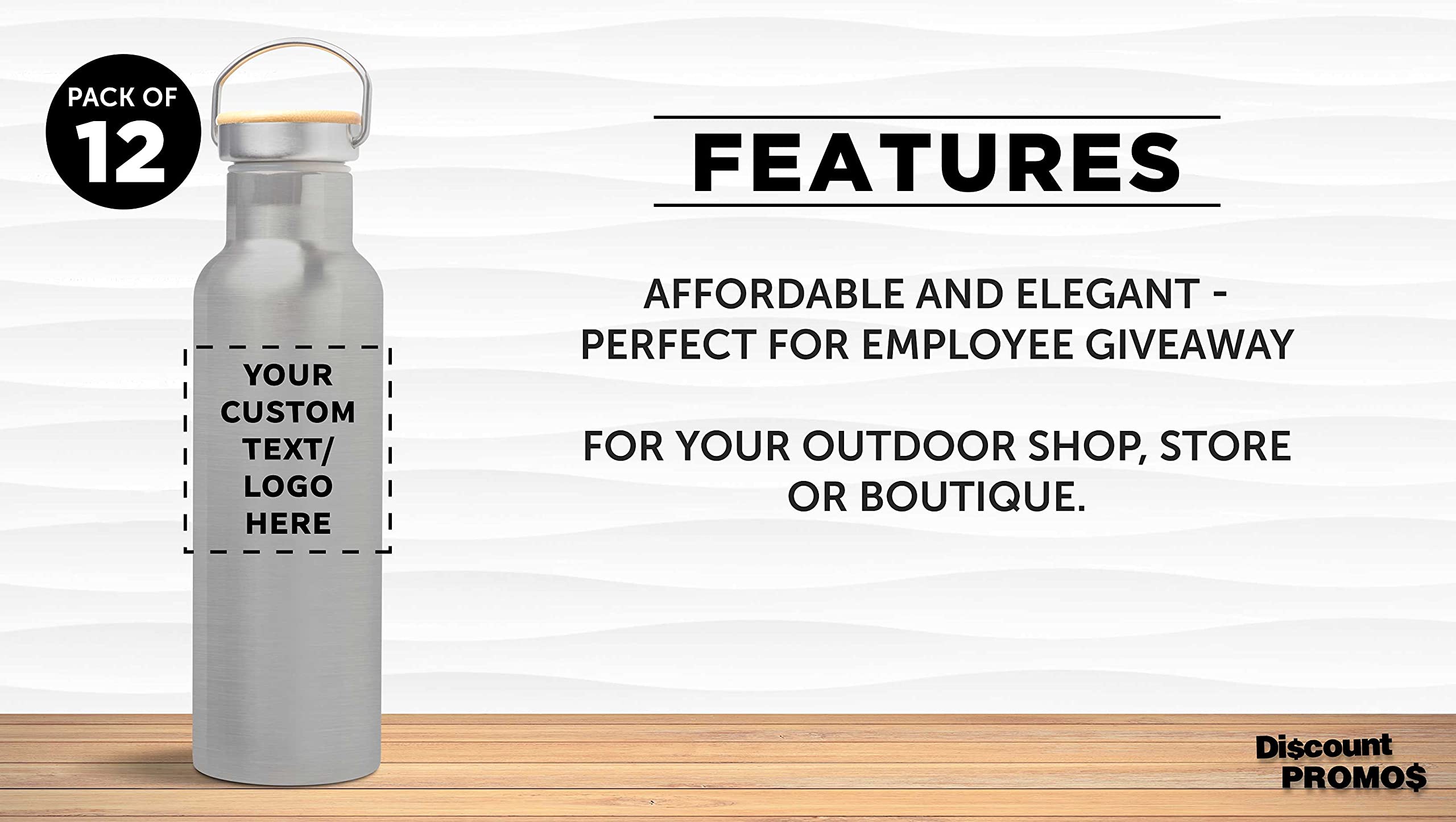 12 Pack Stainless Steel Water Bottles with Wooden Lid - 20 oz, BPA Free, Double Wall Insulated, Spill Proof - Custom Text & Logo - Perfect for Gym, Office, Hiking & Outdoor Activities