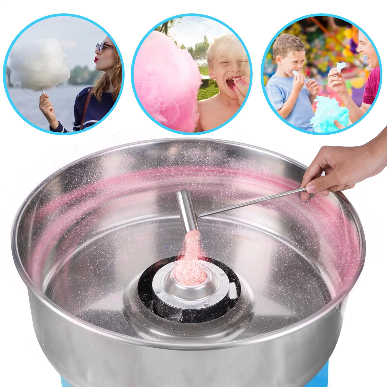 Commercial Cotton Candy Machine 1100W - Blue Electric Candy Floss Maker with Stainless Steel Bowl, Sugar Scoop & 50 Cones - Perfect for Birthday Parties, Carnivals, Family Events & Home Use