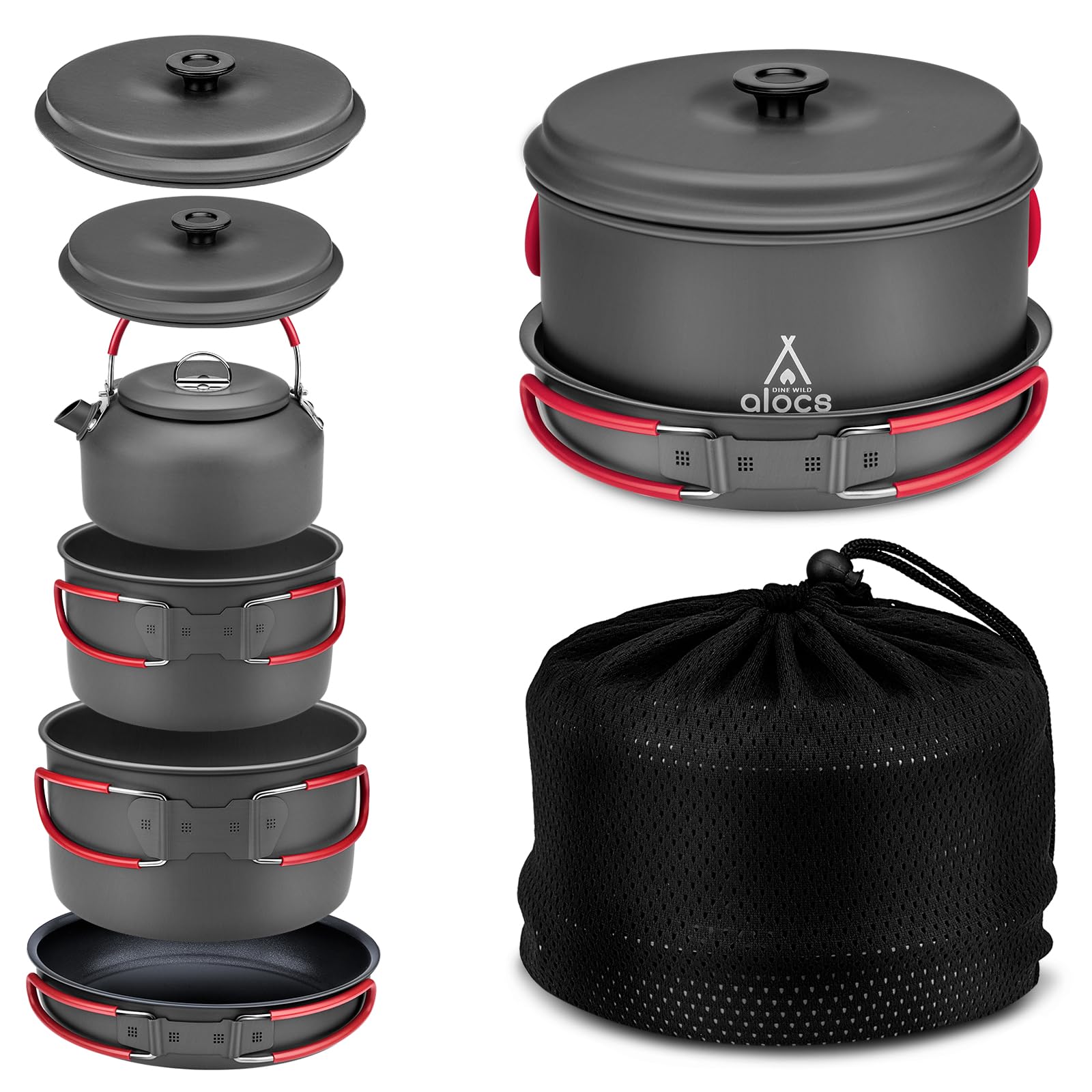 **Alocs Camping Cookware Set - Lightweight & Durable Hard Alumina Outdoor Pots and Pans for Backpacking, Hiking, Picnics - Includes Mesh Carry Bag - Perfect for Camping Meals & Outdoor Adventures**