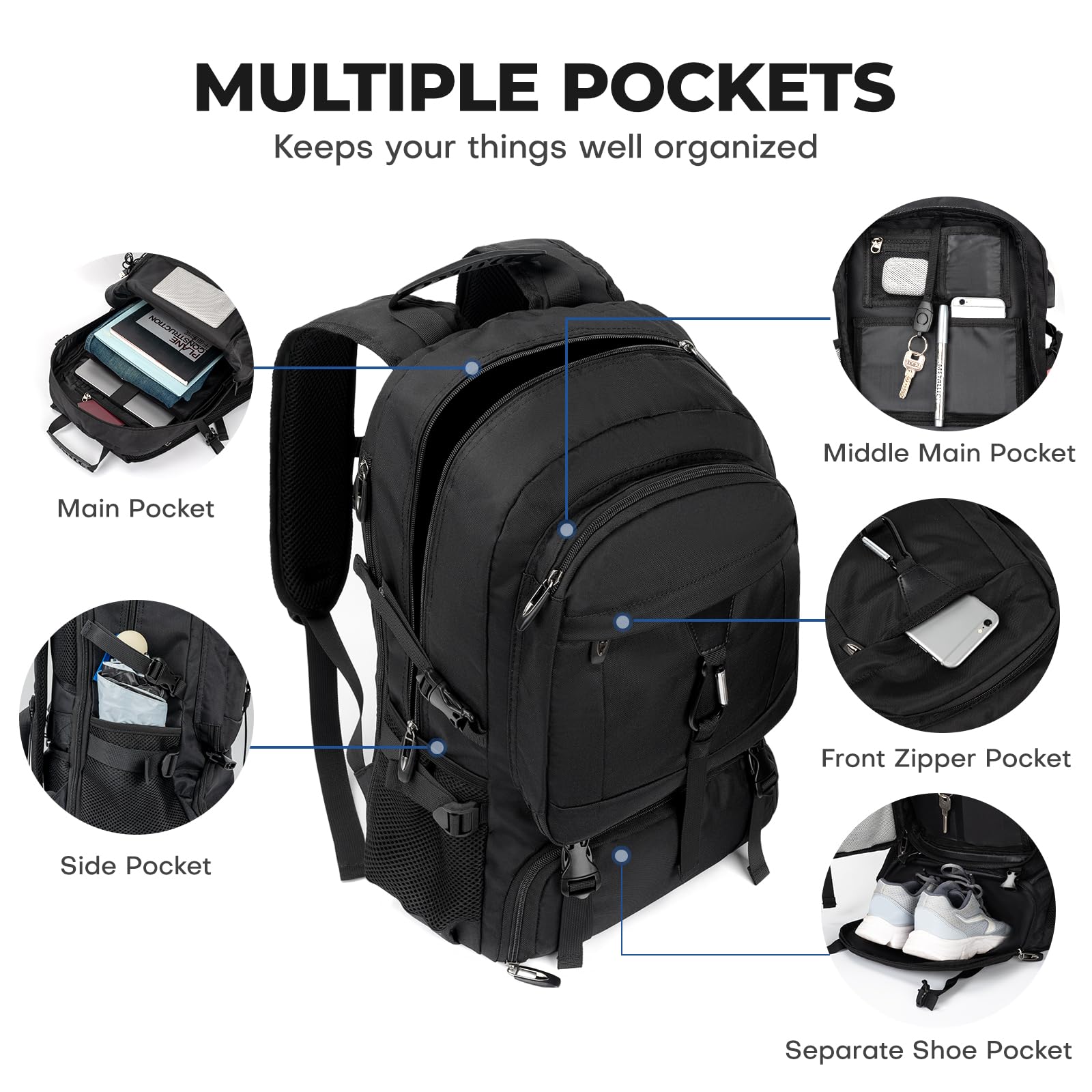 Extra Large Travel Backpack for Men & Women - 18.4 Inch Laptop Backpack with Shoe Compartment & USB Charging Port - Durable College Backpack for Business, Hiking, Camping (Fits Above 5.74 ft Height) - Perfect for Commuting, Air Travel & Outdoor Adventures