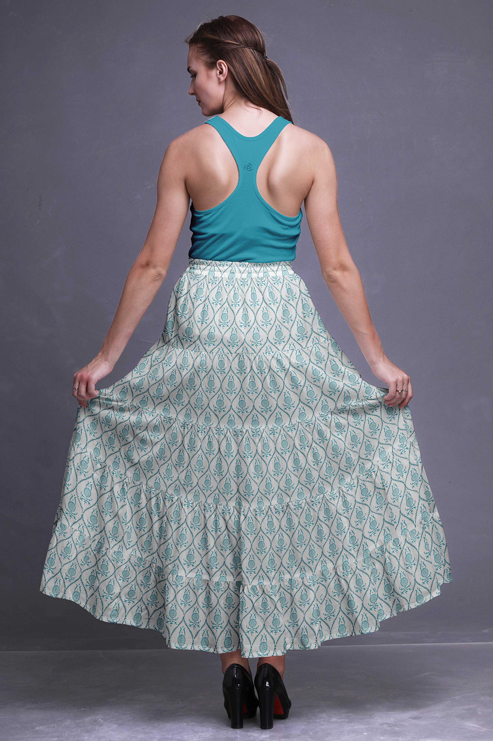 Bimba Printed Long 5-Tier Cotton Skirt for Women - Boho Maxi Skirt with Floral Design | Perfect for Beach, Vacation & Summer Outfits