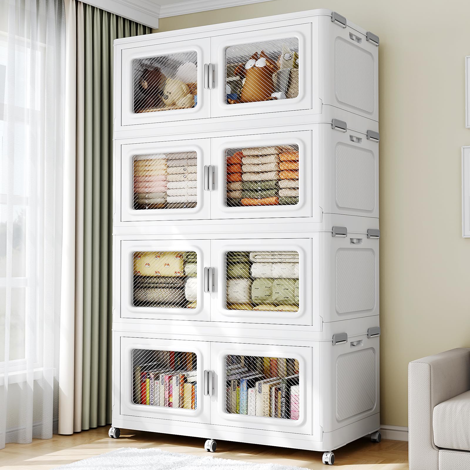 220 Gallon Extra Large Storage Bins with Lids (4 Pack) - 880 Qt Heavy Duty Plastic Stackable Storage Containers with Wheels, Collapsible Closet Organizer & Drawers for Home, Office, Garage, and Moving Storage - Perfect for Organizing Clothes, Toys, and Seasonal Items
