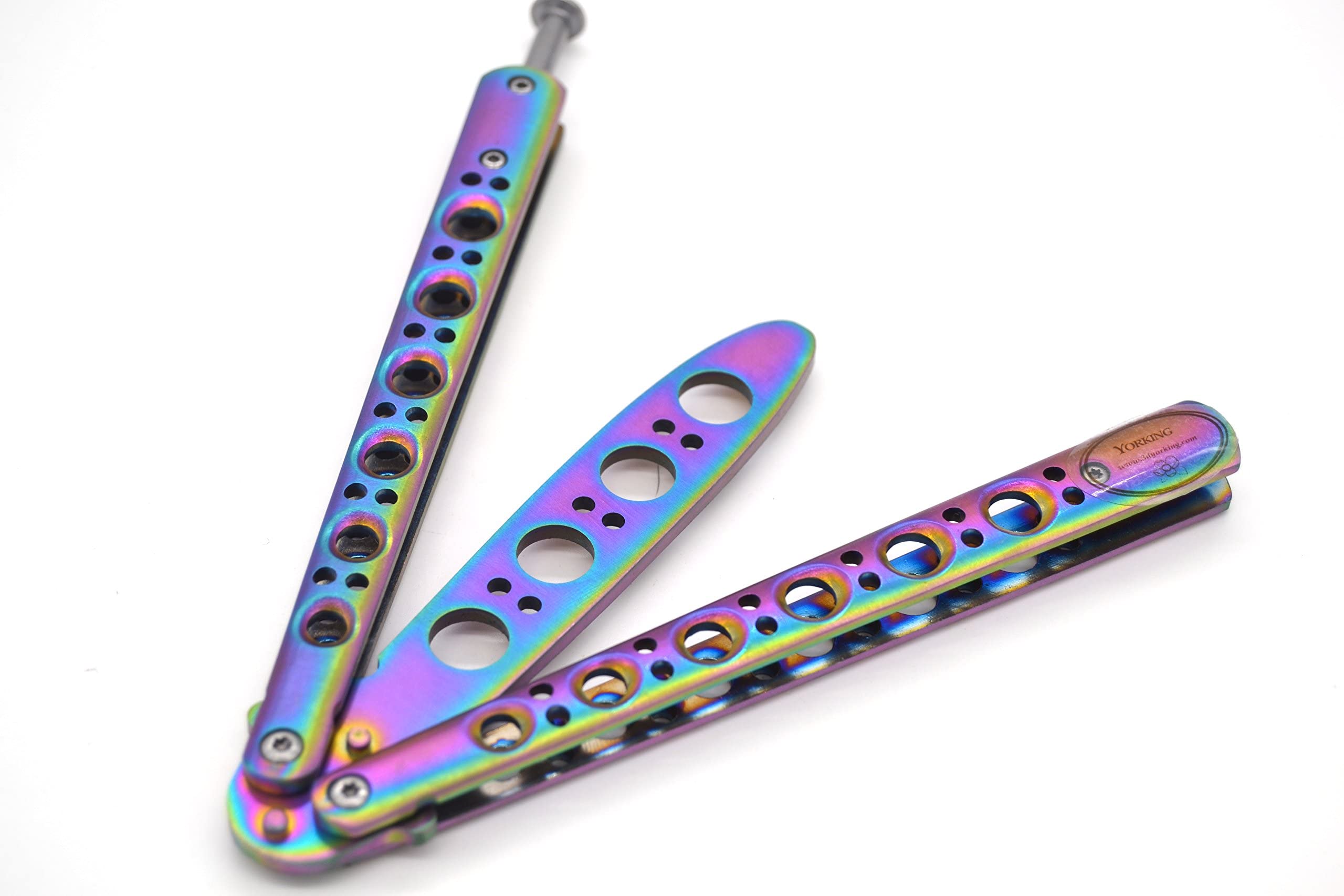 Oliasports Rainbow Practice Balisong - Metal Butterfly Knife Trainer with Dull Blade for Safe Flipping Tricks - Perfect for Beginners, Martial Arts Training & EDC Skill Development