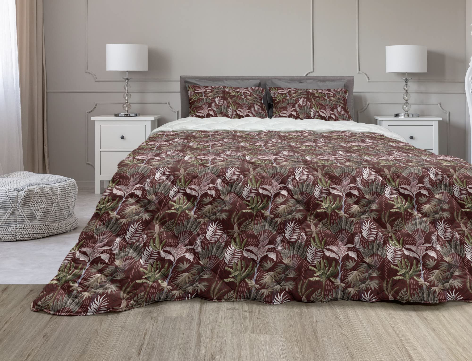 Ambesonne Botanical Comforter & Sham Bedding Set - King Size 3-Piece Duvet Cover with Microfiber Filling, Tropical Banana Palm Leaf Retro Design in Brown & Green | Perfect for Tropical Themed Bedrooms, Guest Rooms & Vacation Homes