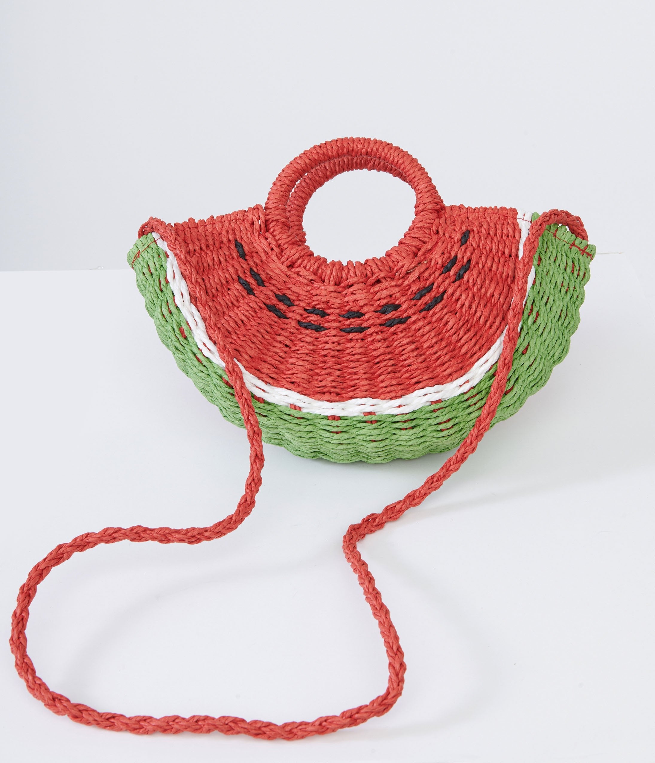 Vintage 1970s Watermelon Print Rattan Woven Handbag - Retro Summer Beach Tote for Women, Perfect for Picnics, Vacations & Boho Fashion