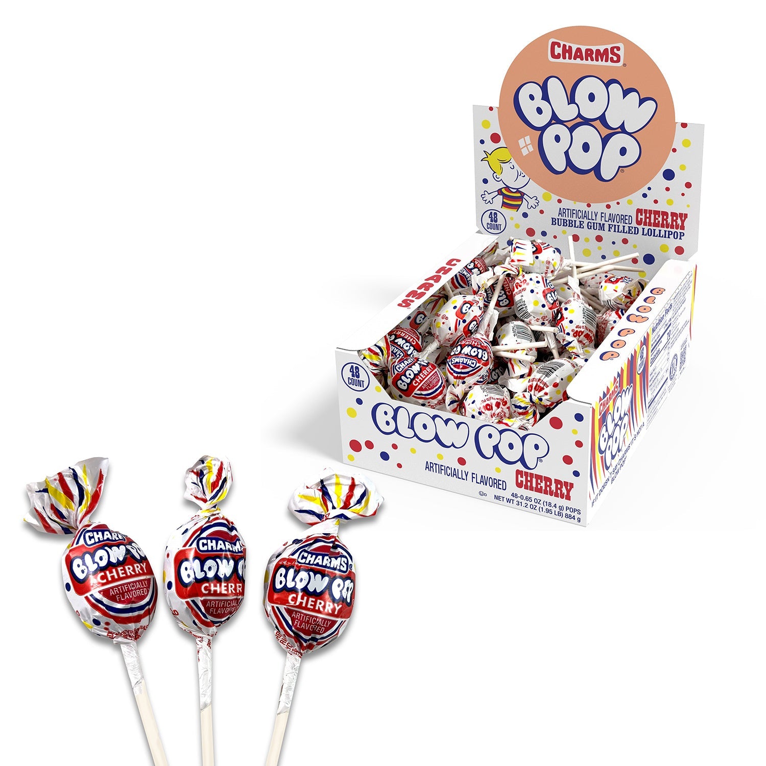 Blow Pop Cherry Flavored Lollipops - 48 Count Bulk Candy Box for Parties, Halloween Treats & Office Snacks