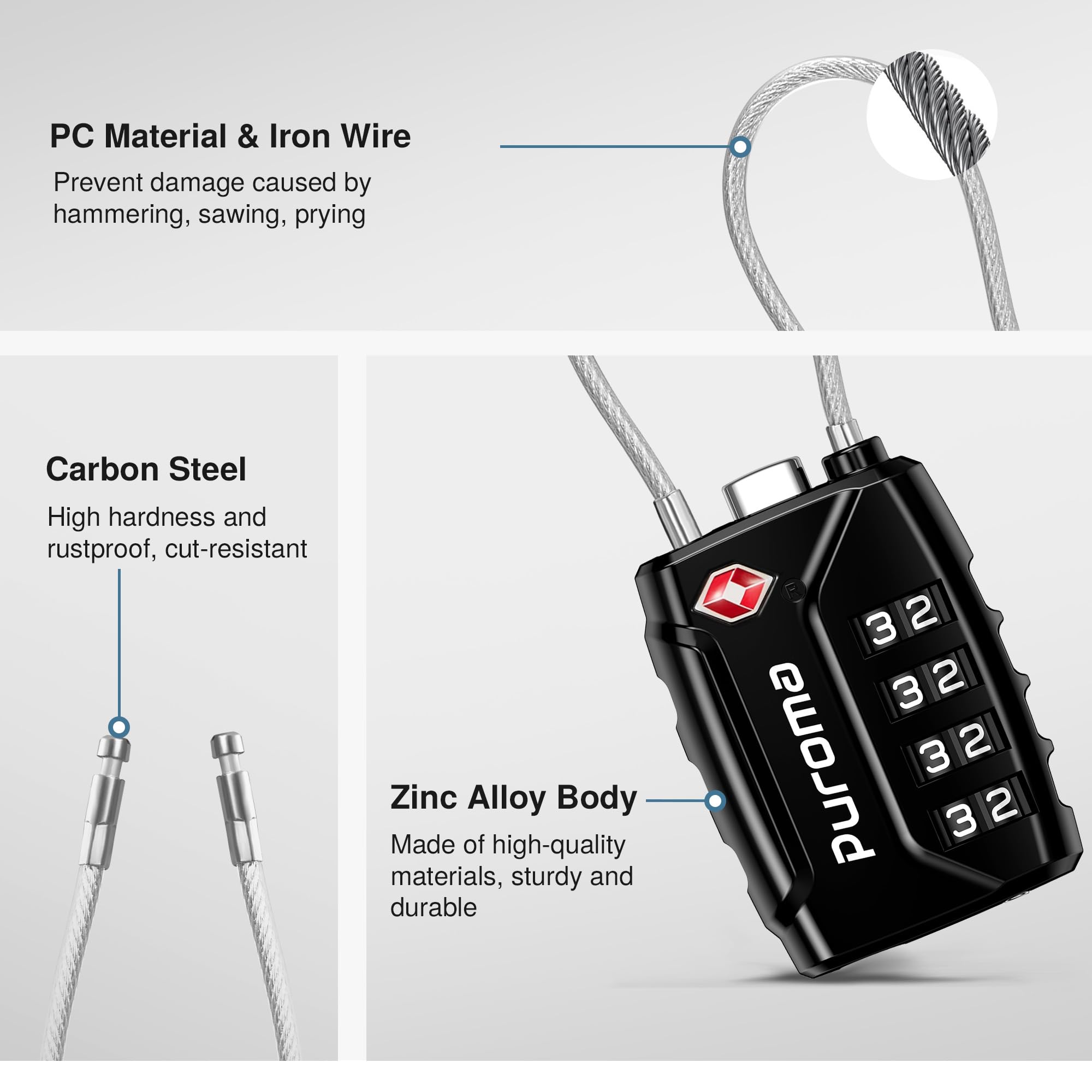Puroma 2 Pack TSA Approved Luggage Locks - Secure 4 Digit Combination Travel Locks with Resettable Code & Durable Zinc Alloy Body for Suitcases, Backpacks, Gym Lockers & Toolboxes (Black) - Perfect for Air Travel, School, Work & Outdoor Adventures