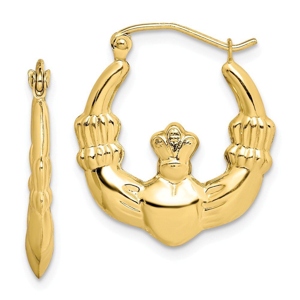 10K Yellow Gold Polished Claddagh Hoop Earrings for Women - Irish Celtic Love Friendship Loyalty Jewelry - Perfect for Weddings, Anniversaries & St. Patrick's Day Gifts