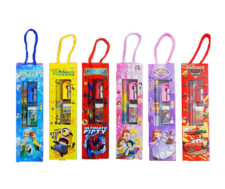 KOBBET® Kids Stationery Gift Set - 4 PCS (2 Pencils, 1 Ruler, 1 Eraser & 1 Sharpener) - Perfect for Rakhi, Sisters Day, School Supplies & Festive Gifts - Great for Classroom, Birthday Presents & Return Gifts