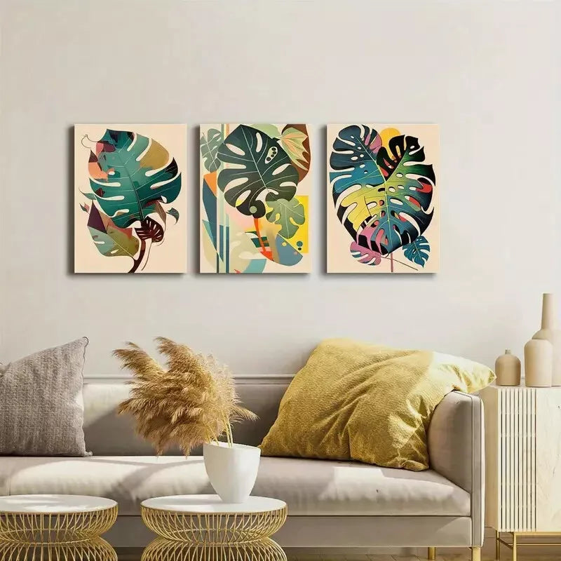 3-Piece Monstera Leaf Wall Art Set - Framed Canvas Prints 50x70cm | High Quality Botanical Decor | Ready to Hang | Perfect for Living Room, Bedroom or Office Decor