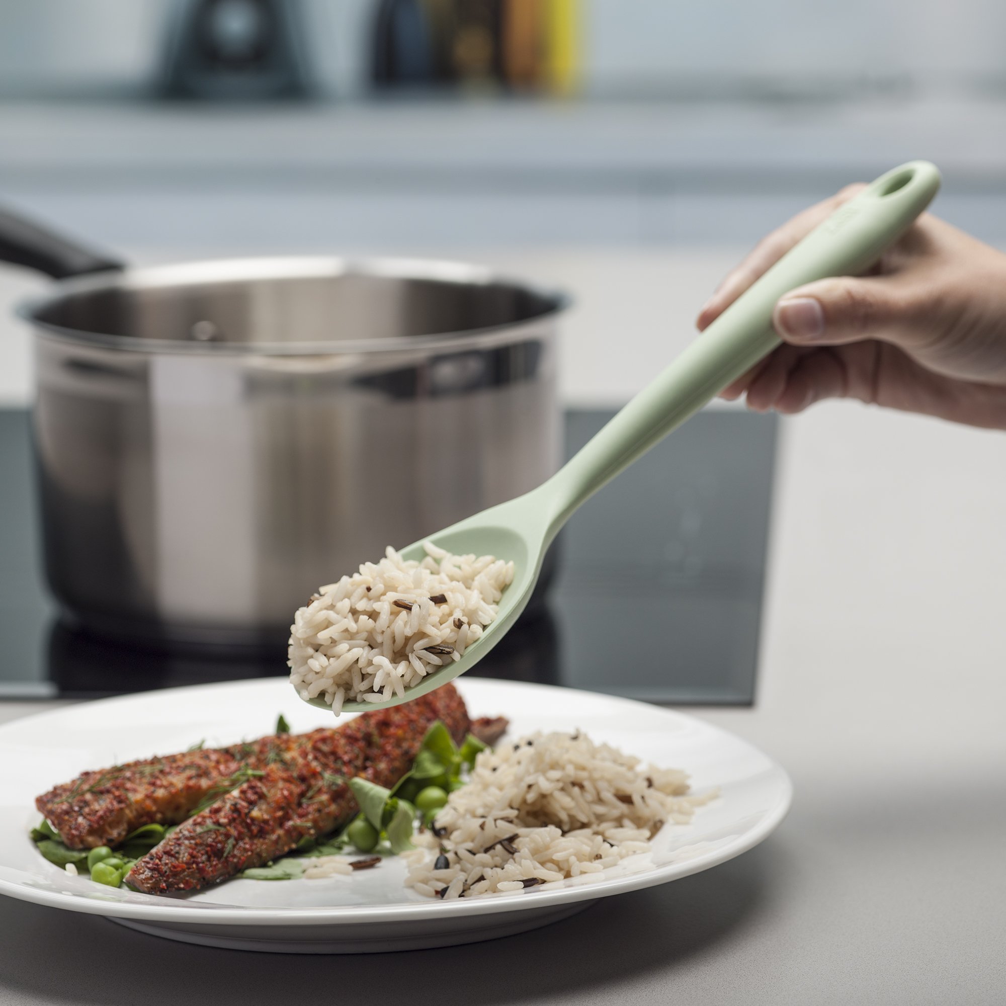Non-Stick Silicone Cooking Utensil Set - 4-Piece Kitchen Tools with Heat-Resistant Tongs, Turner, Spatula & Spoon in Sage Green | Perfect for Frying, Baking, Grilling & Serving