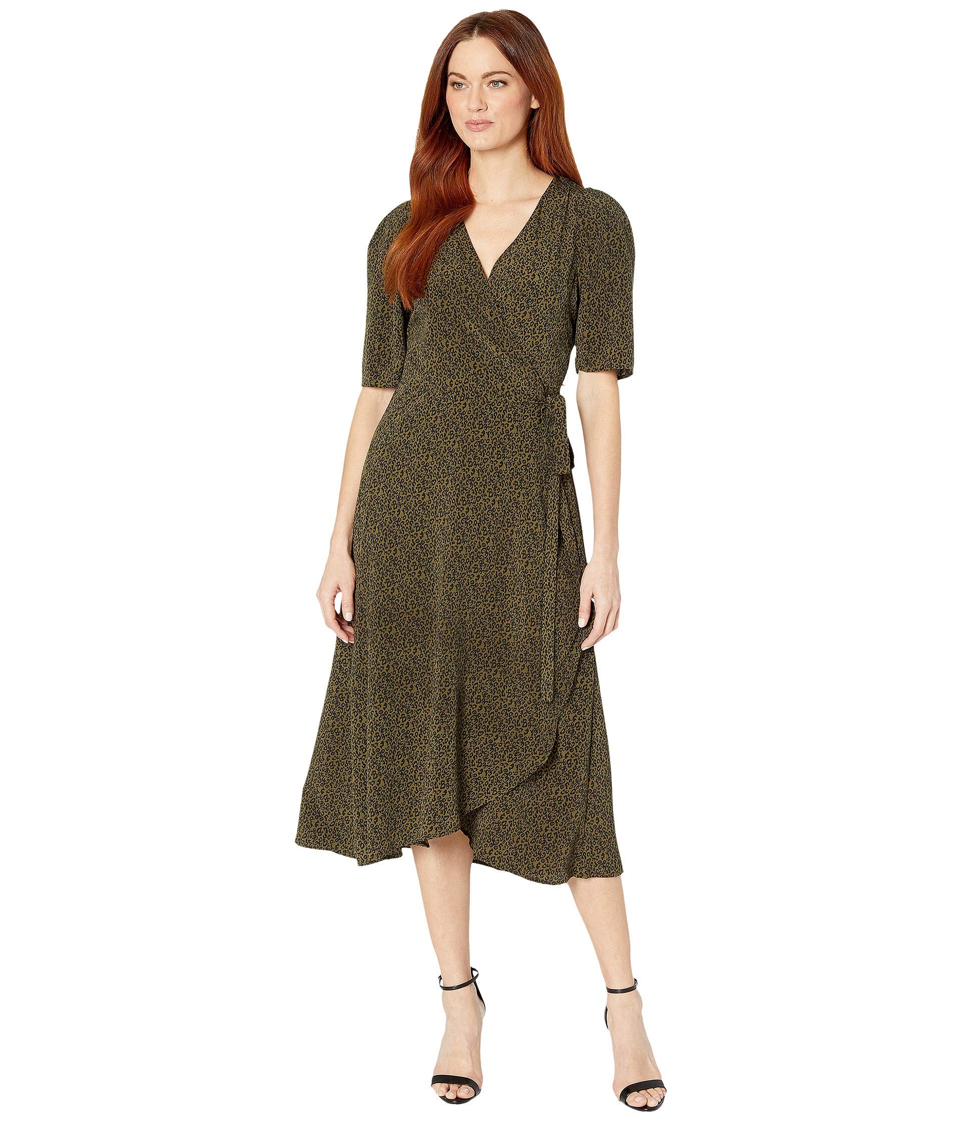 Bobeau Liv-Puff Wrap Dress - Green for Casual & Office Wear