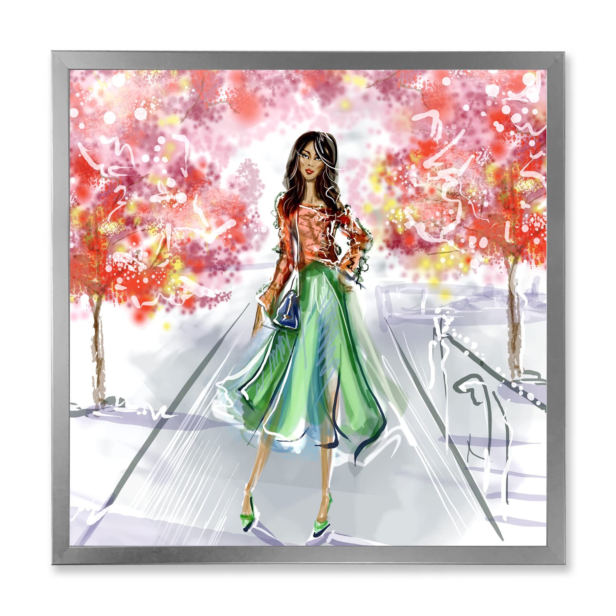 DesignQ Traditional Framed Wall Art - Beautiful Girl in Fashionable Clothes Park Scene - Perfect for Living Room, Bedroom & Office Decor