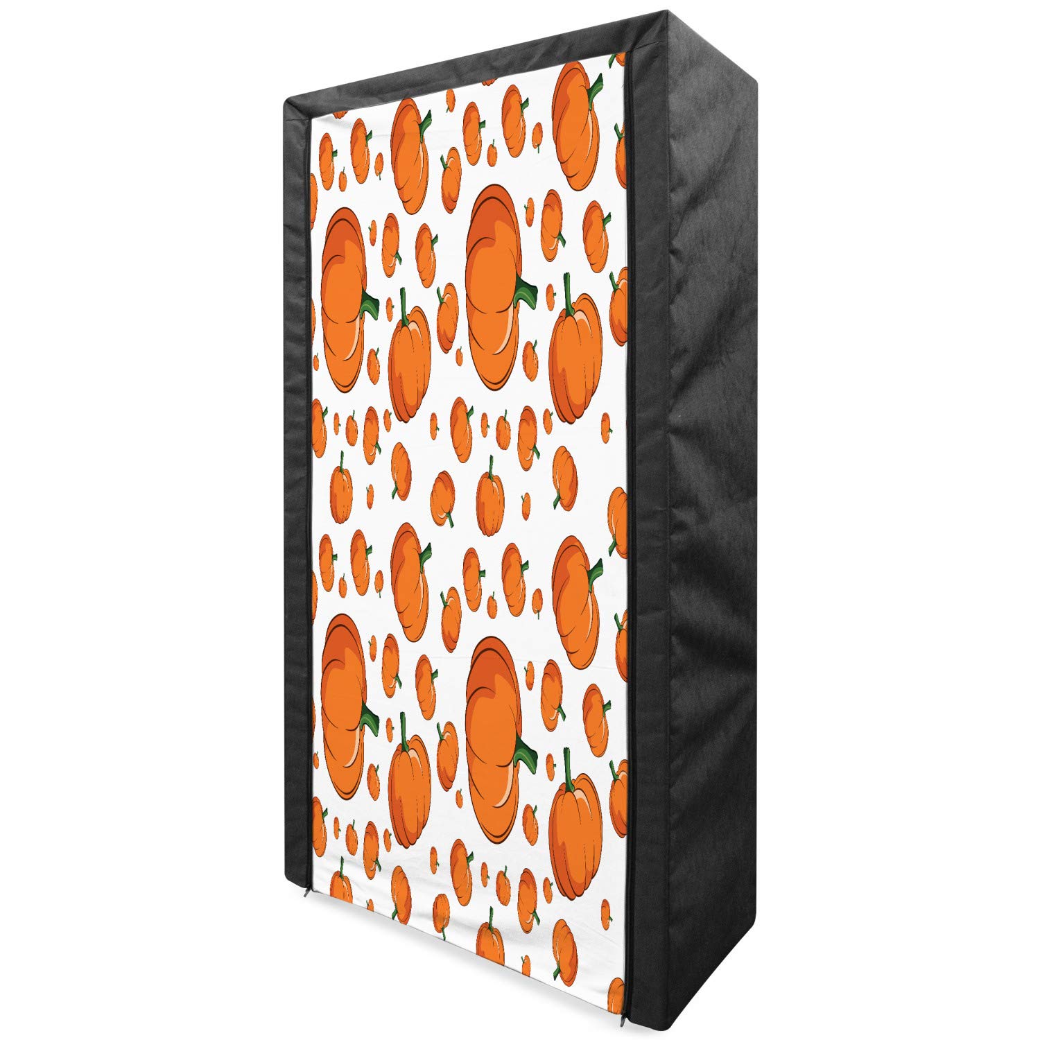Ambesonne Harvest Portable Fabric Wardrobe | Halloween Pumpkin Print Clothing Organizer | 33.5 Inch Foldable Storage Closet with Shelves | Orange Green White Cartoon Style | Perfect for Seasonal Decor, Bedroom Organization & Costume Storage