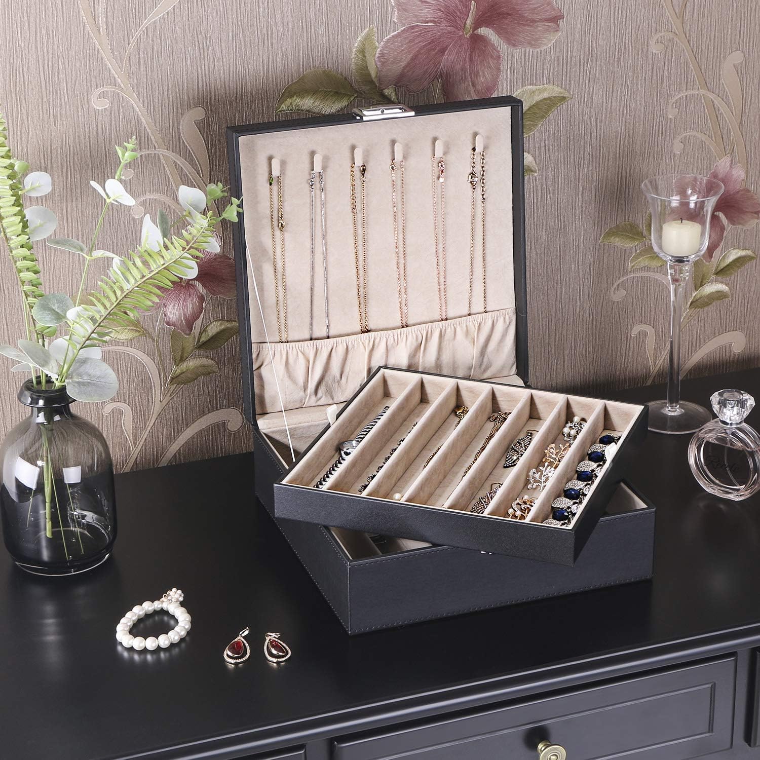 BEWISHOME Jewelry Organizer Box for Necklaces, Bracelets & Chains - 12 Compartments (7 Regular + 5 Large), 6 Hooks, 2-Layer Storage - Perfect Jewelry Box for Women & Girls - Black SSH31B | Great for Travel, Bedroom Vanity & Gift Giving
