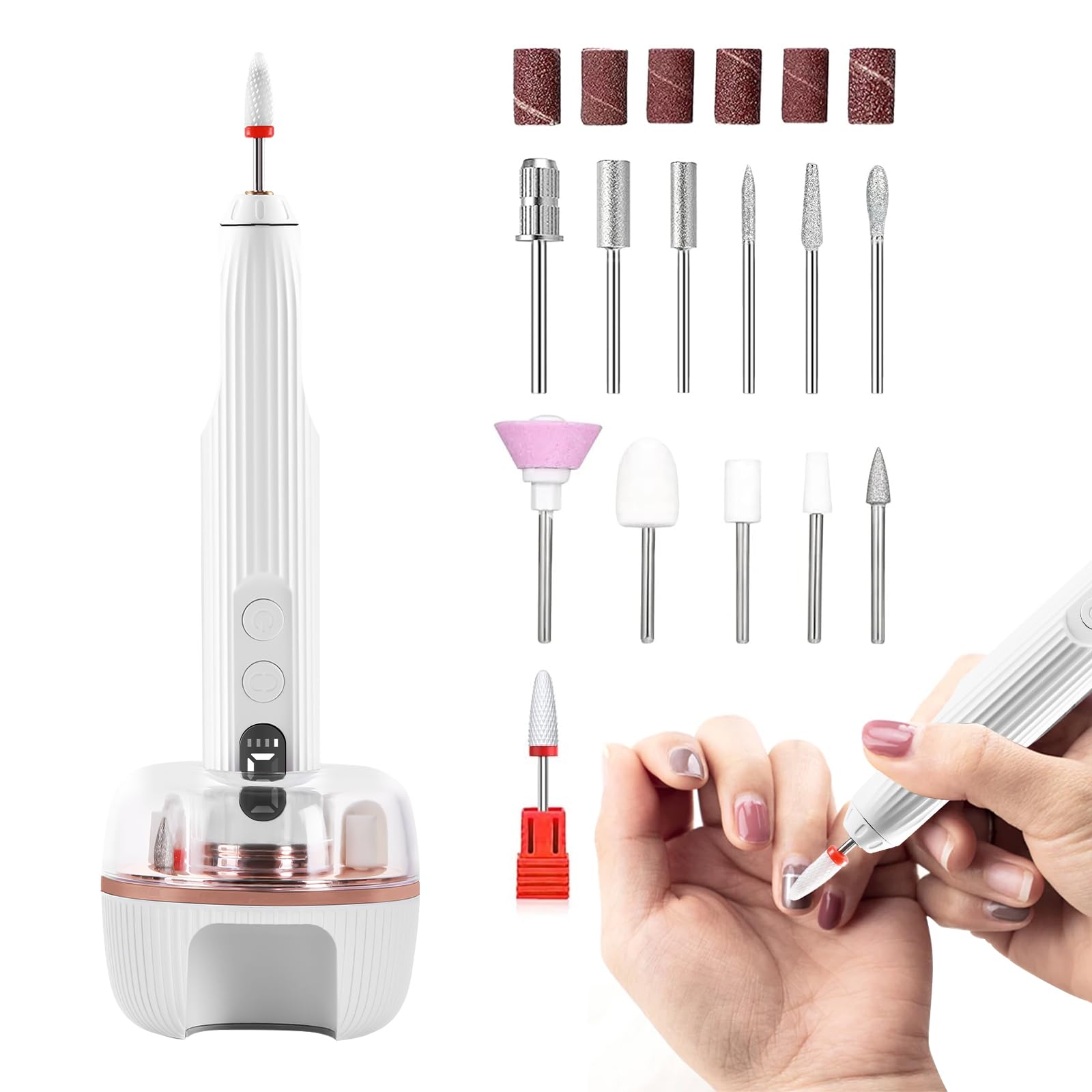 Professional Electric Nail Drill Kit with UV LED Lamp - 12 Drill Bits & Rechargeable Base - Portable Nail File Machine for Acrylic Removal, Grinding & Polishing - Perfect for Salon, Home Manicure & Nail Art DIY