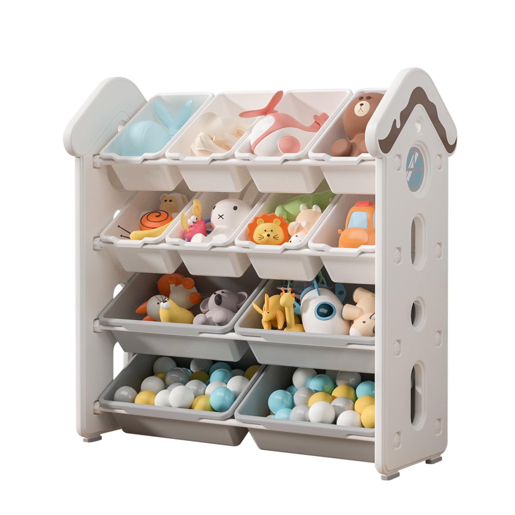 UNICOO® 4-Tier Kids Toy Storage Cabinet with 12 Bins - Montessori Style Organizer Shelf for Nursery, Playroom & Study Room - Durable White Toy Organizer for Educational Toys, Books & Crafts | Perfect for Daycare, Preschool & Homeschool Organization