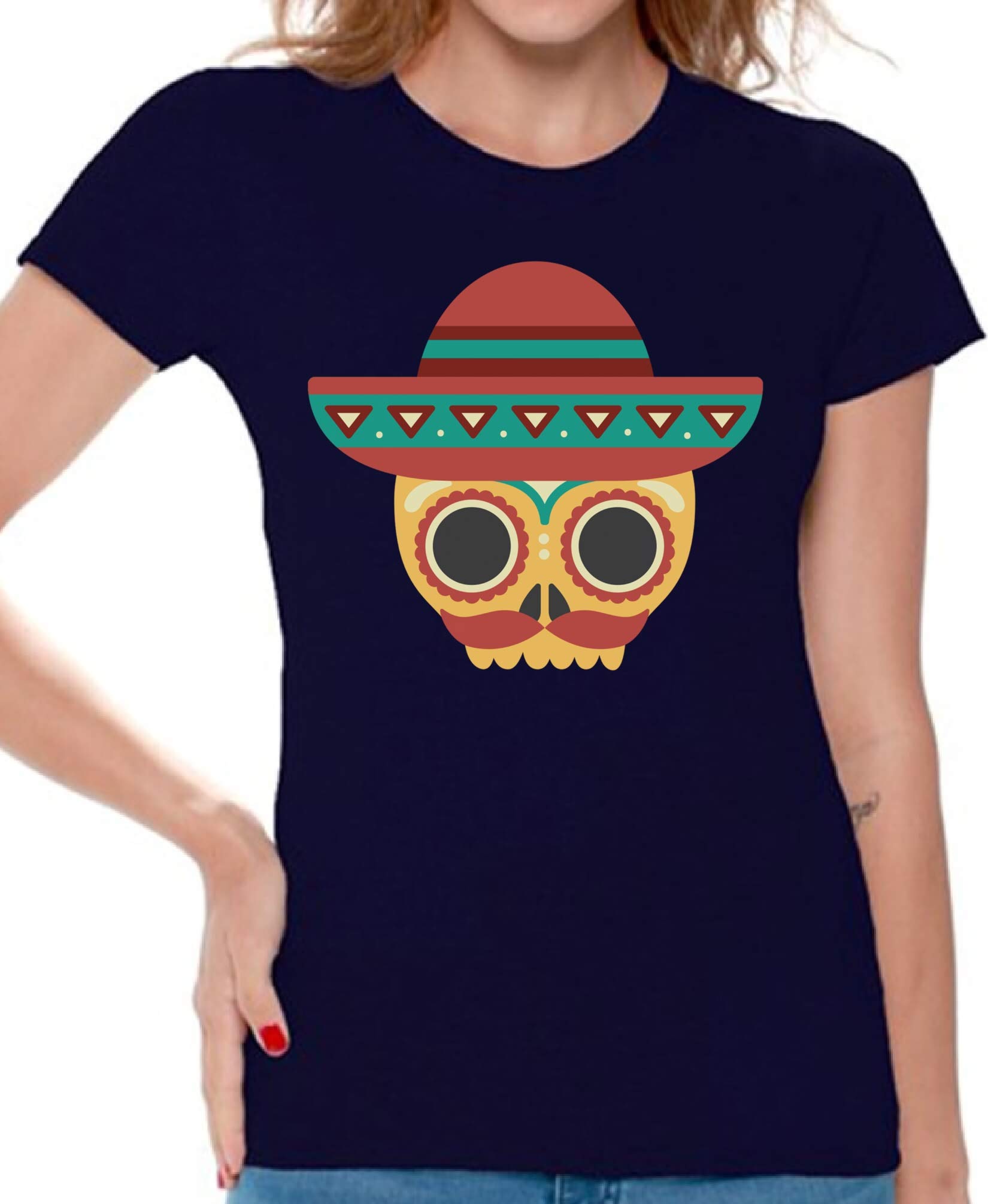 Skull & Sombrero Print T-Shirt for Women | Gothic Mexican Style Graphic Tee | Perfect for Halloween, Day of the Dead & Costume Parties