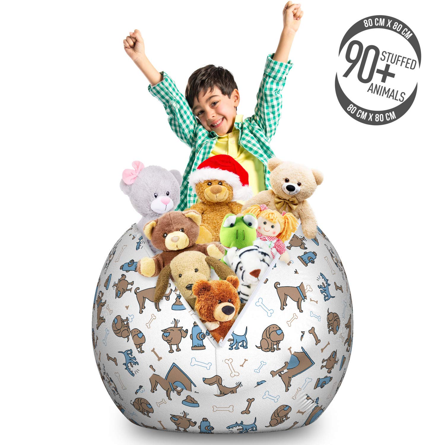 Ambesonne Washable Large Storage Toy Bag Chair - Cartoon Dog Bones Design, Stuffed Animal Organizer for Kids Room, Nursery or Playroom - Cocoa Sky Blue - Perfect for Pet Lovers & Animal Themed Decor